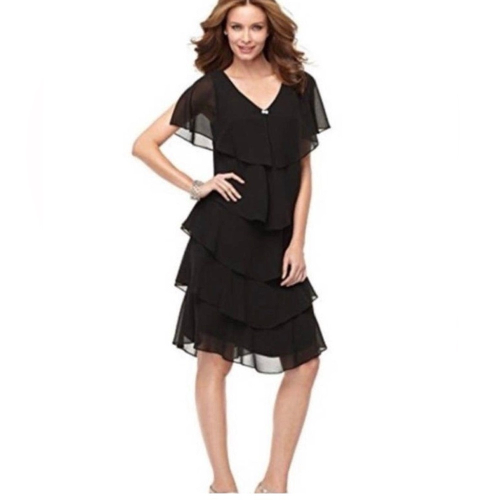 Patra Vintage Black Ruffled Georgette Tiered Flapper Dress, Sz 14